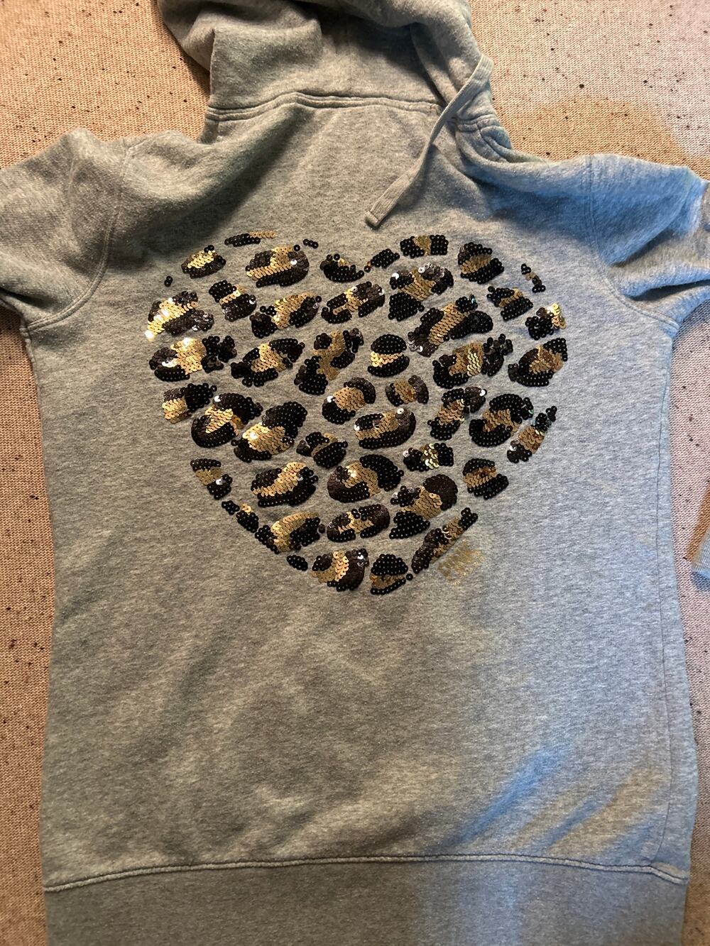 Victoria's Secret Love Pink Leopard Sequin Full Zip Hoodie XS Gray